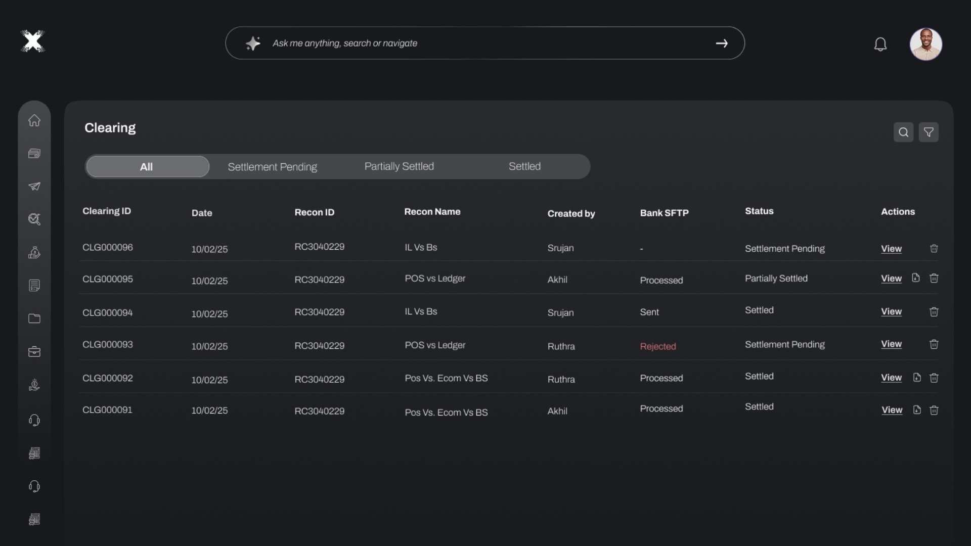 Clearing module showing settlement status tracking