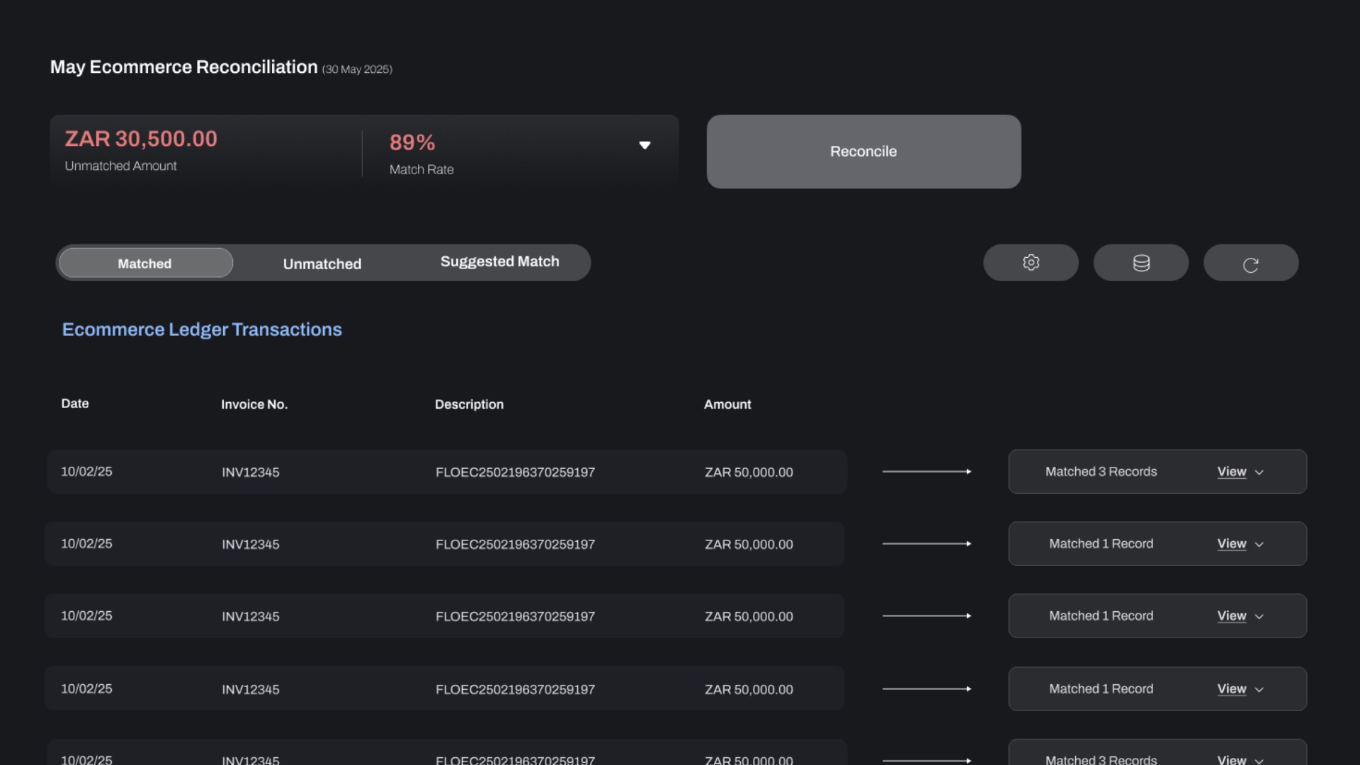 Matching engine showing ecommerce reconciliation with match rates